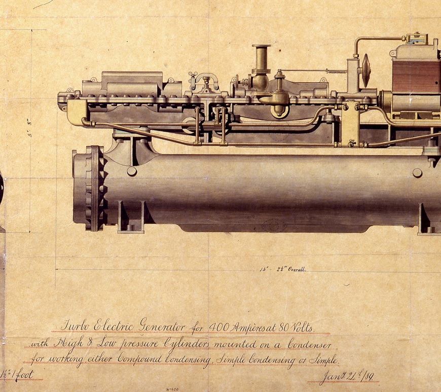Turbo electric generator for condesing water, 1889, in homes and factories